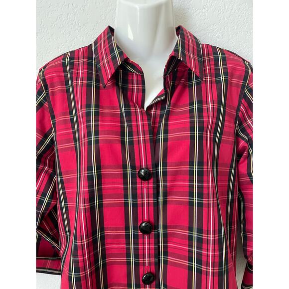 Foxcroft Women's Wrinkle Free Tartan Red Plaid 3/4 Sleeve Blouse Size 10P - Picture 3 of 5